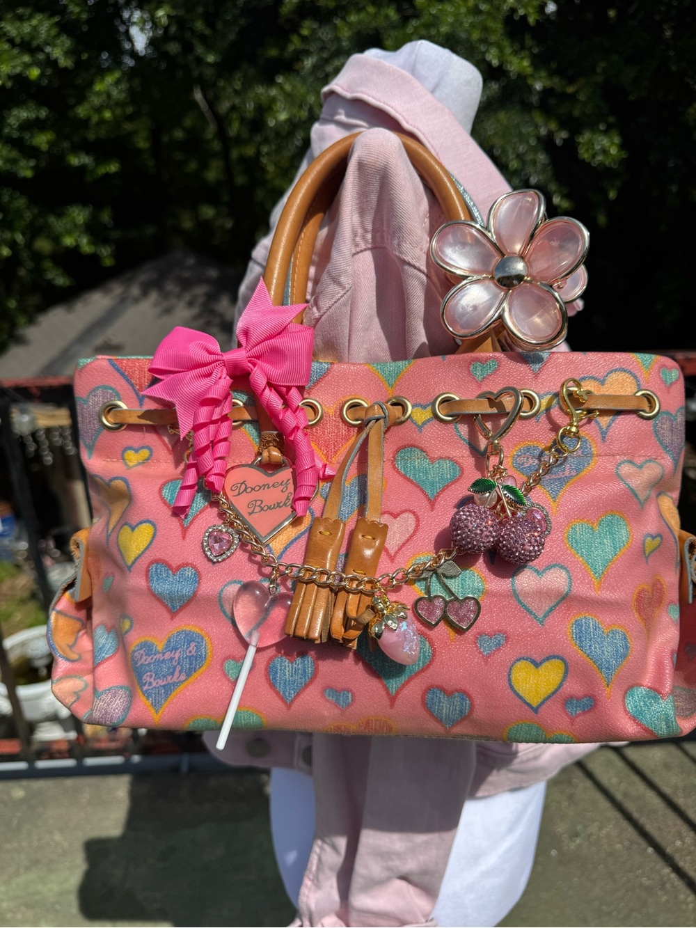 Y2k Dooney & Bourke Pink Heart Print Satchel with Tan Trim and Charms